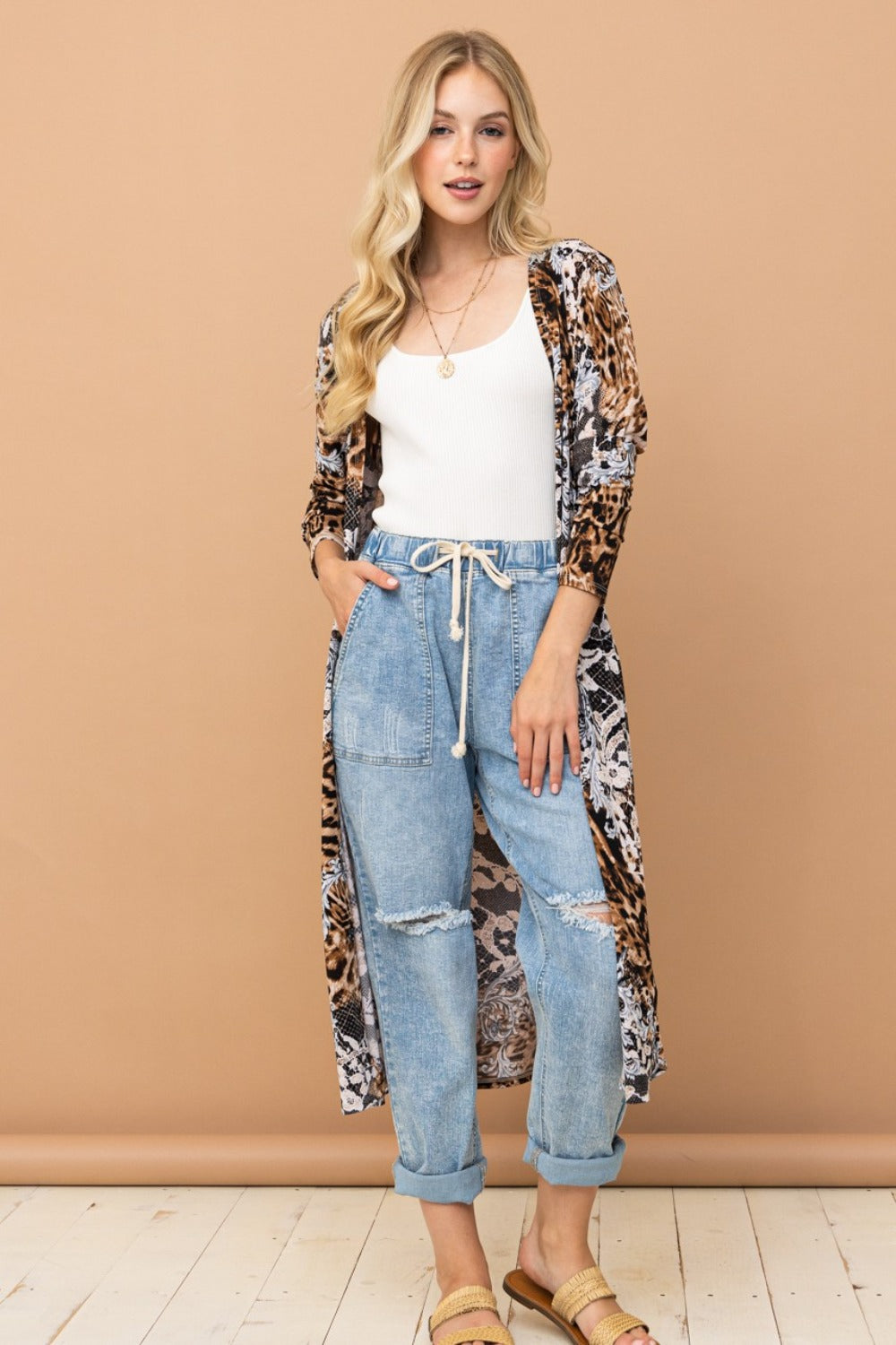 Leopard Kimono Open Front Longline Cardigan