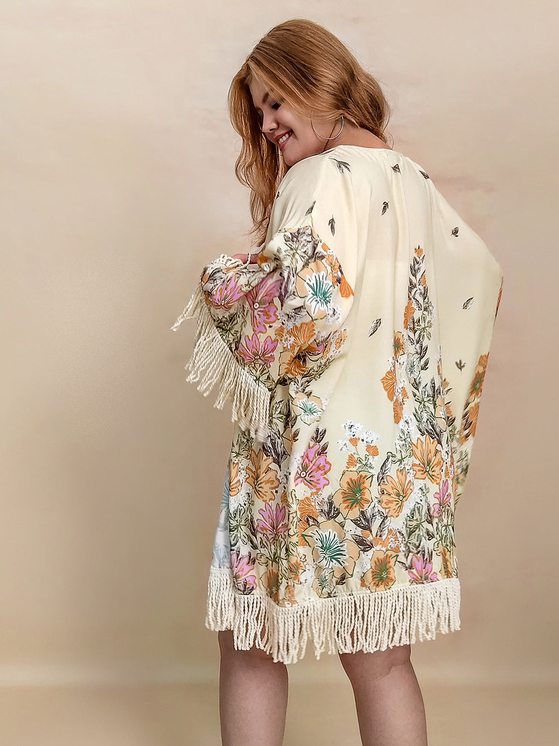 Plus Size Fringe Printed Open Front Cardigan with floral design, 100% viscose, thin material.