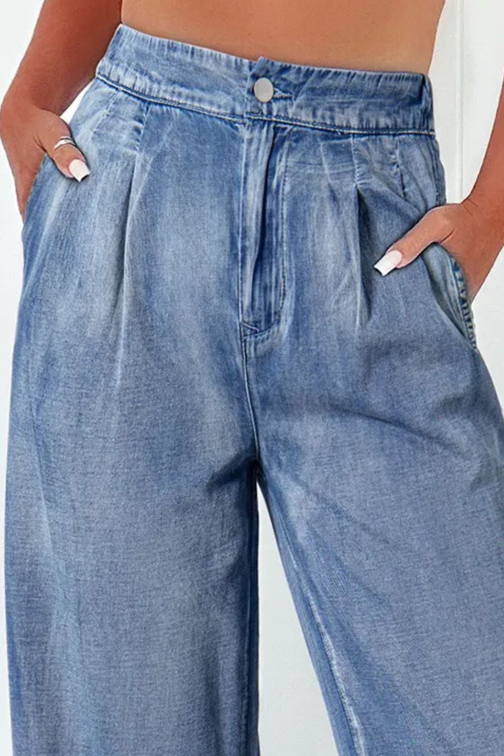 High Waist Wide Leg Jeans with pockets, no stretch, 95% cotton, 5% polyester.