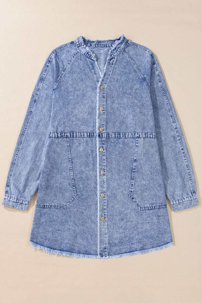 Raw hem button down long sleeve denim dress with front pockets.