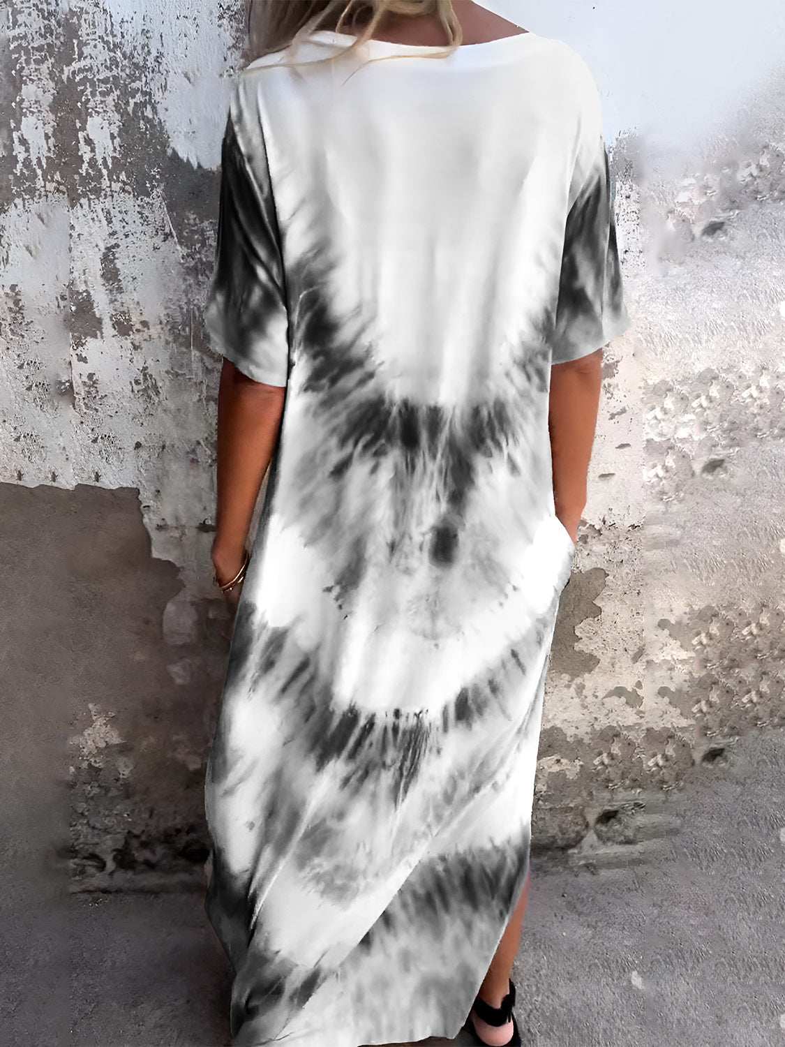 Tie-Dye Maxi Dress with pockets, lightweight and sheer fabric, perfect for warm weather.