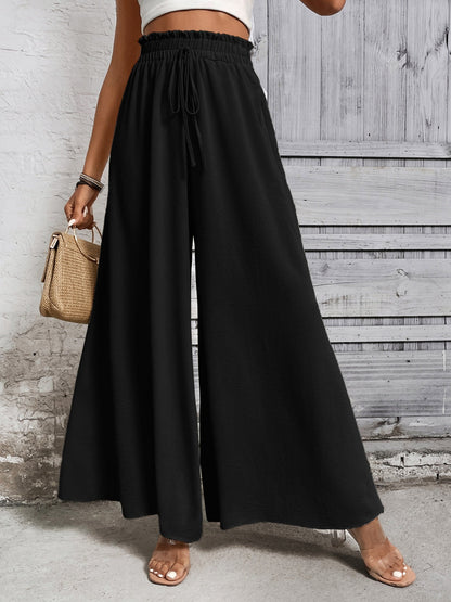 Boho high waist wide leg pants with tie detail, 100% cotton, black.