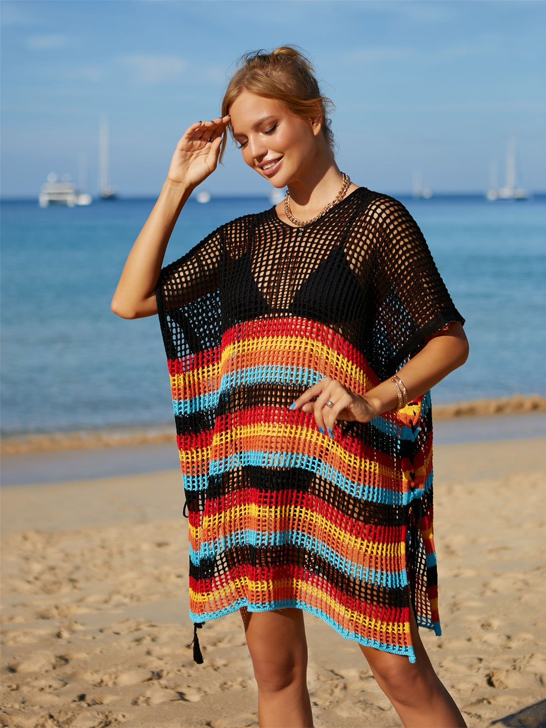 Rainbow cutout striped swim cover up with slits, semi-sheer polyester material, moderate stretch.