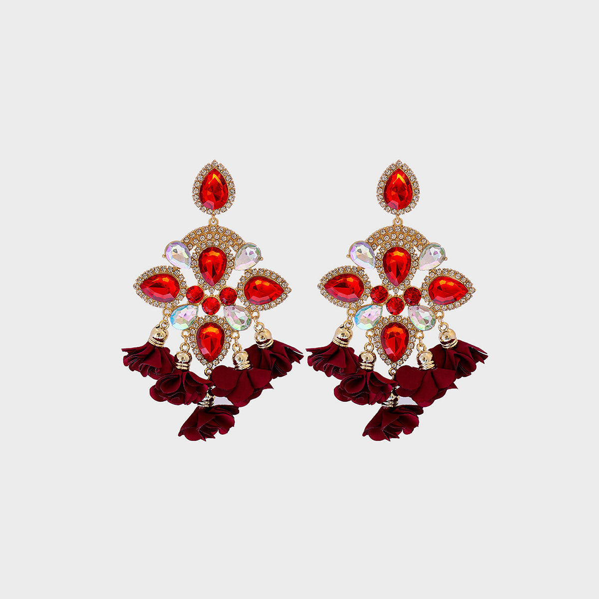 Flower shape rhinestone alloy dangle earrings with red gemstones and floral design.