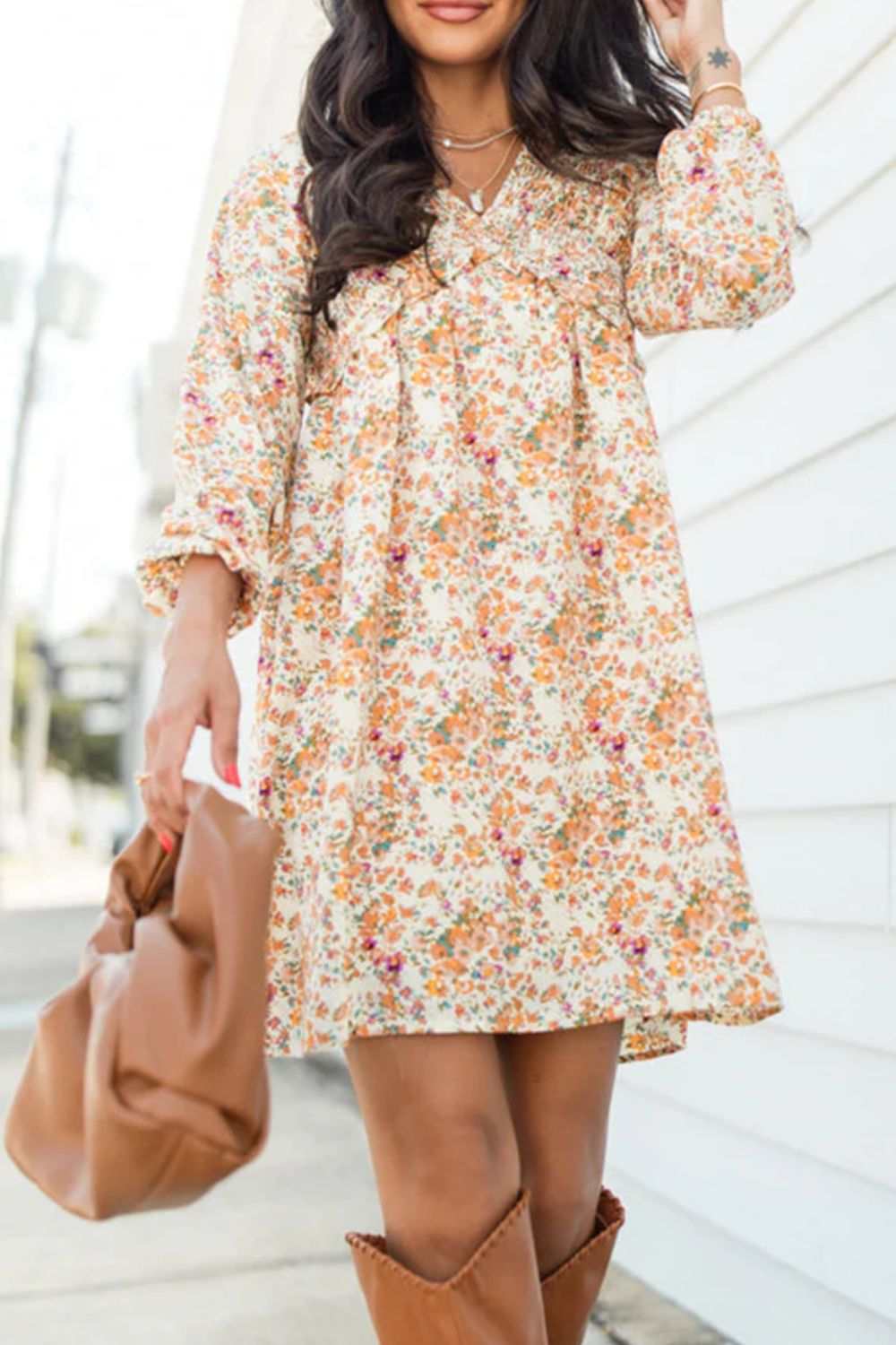 Feminine Floral Printed Balloon Sleeve Mini Dress