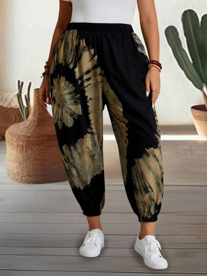 Tie-Dye Elastic Waist Pants in black and tan with a comfortable fit.