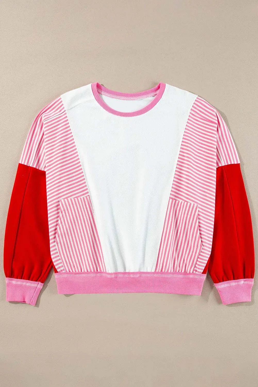 Striped color block round neck long sleeve sweatshirt with pocket, red and pink design.