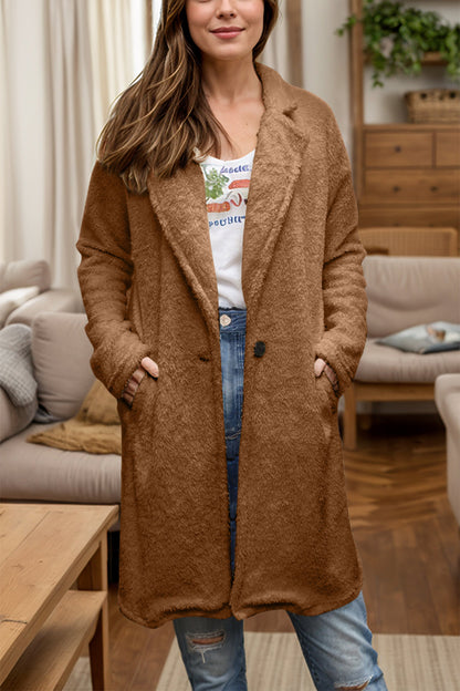 One Button Long Sleeve Longline Plush Coat in brown, 100% polyester, unlined, casual outfit.