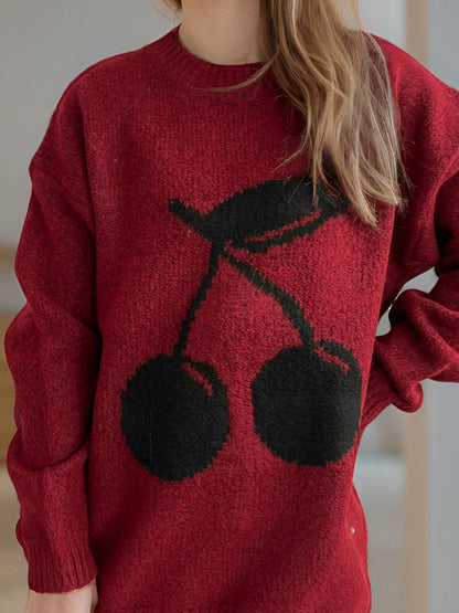 Cherry round neck long sleeve sweater with cherry design, slightly stretchy fabric.