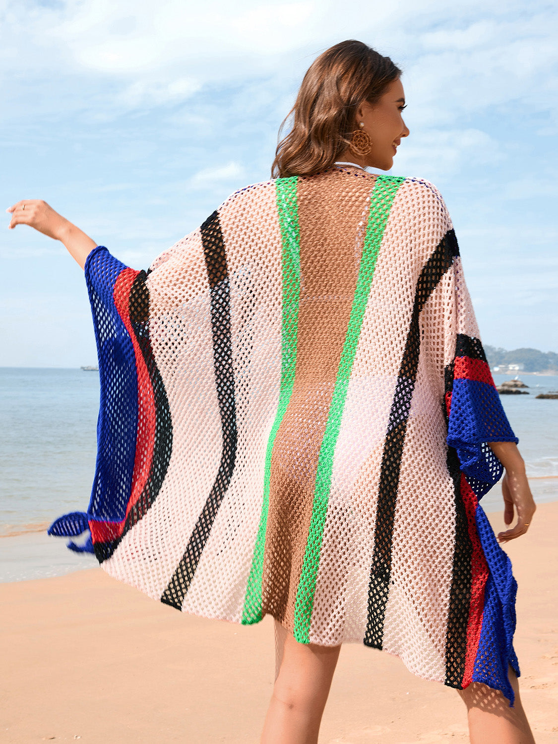 Color Block Plunge Beach Dress with Openwork Design and Semi-Sheer Material