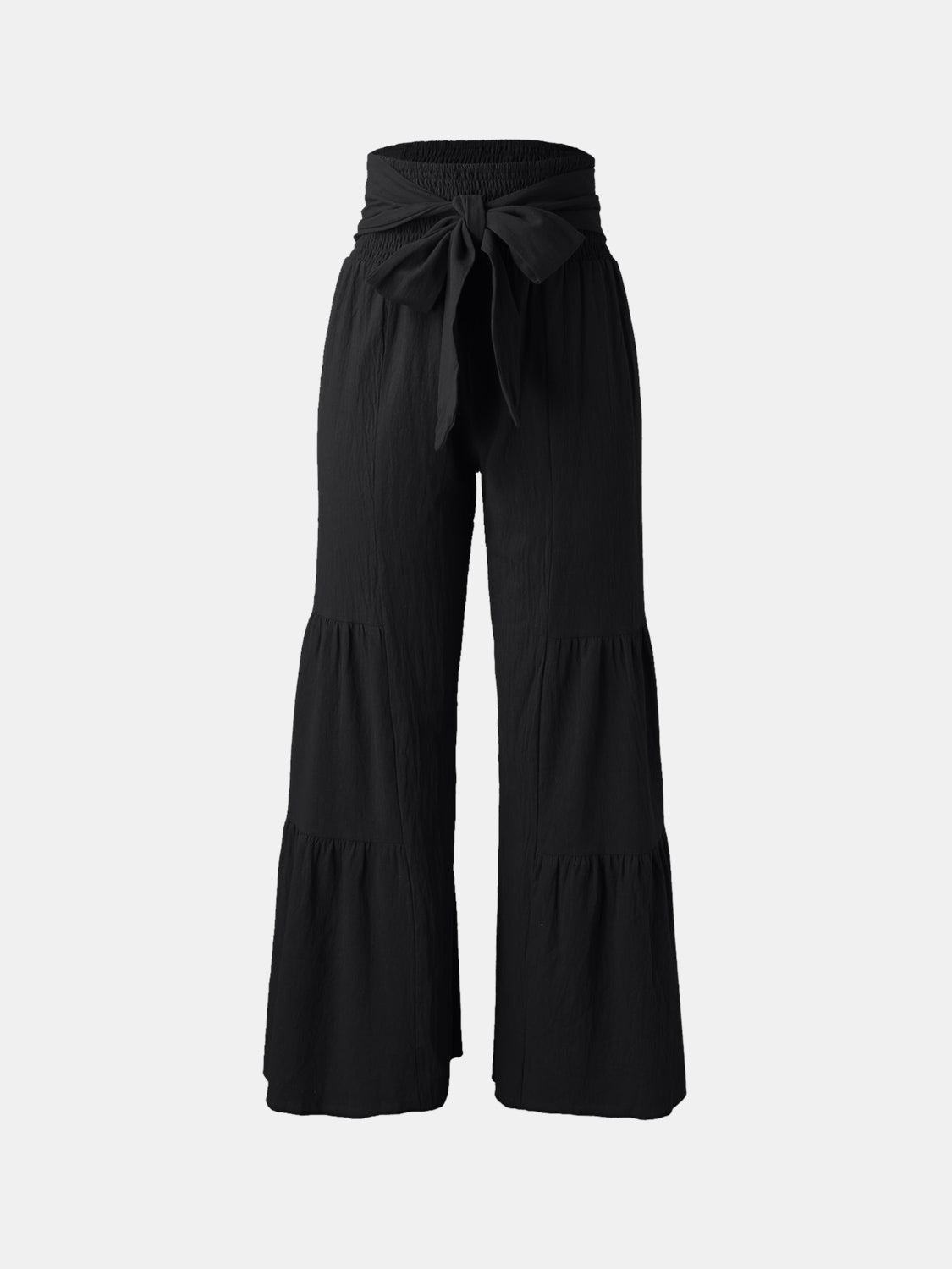 Tied ruched wide leg pants, high waist, chic design in black.