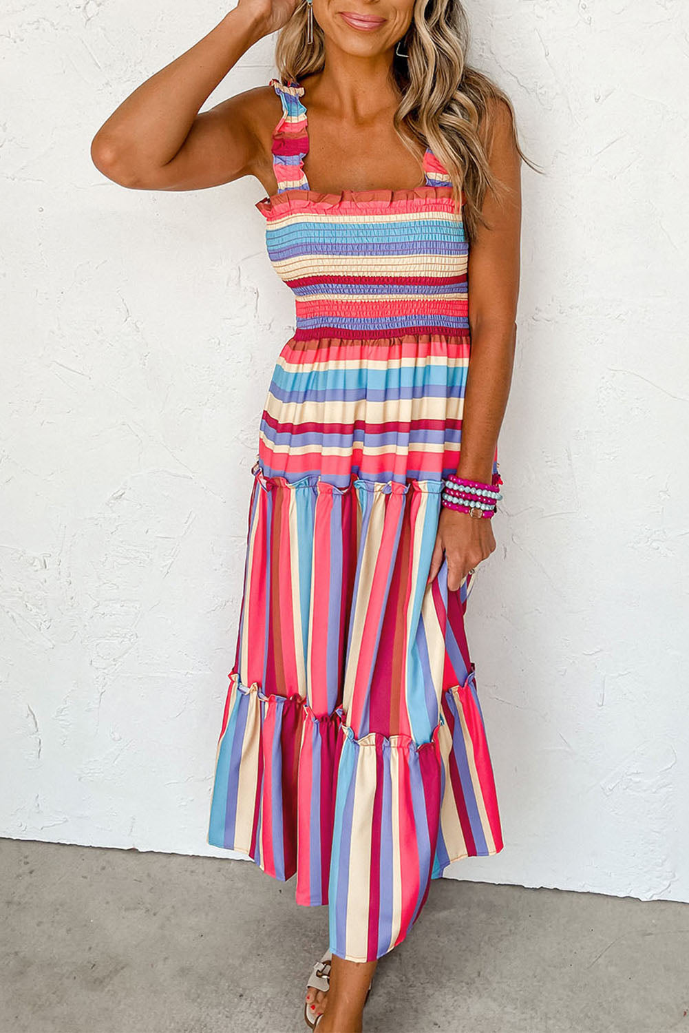 Red stripe ruffled straps smocked tiered long dress with multicolor pattern.