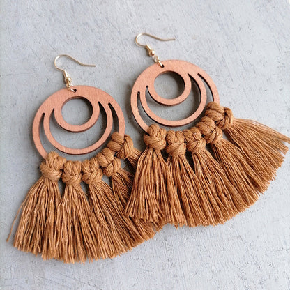 Tassel Detail Geometric Earrings with wood and cotton cord design, boho chic style.