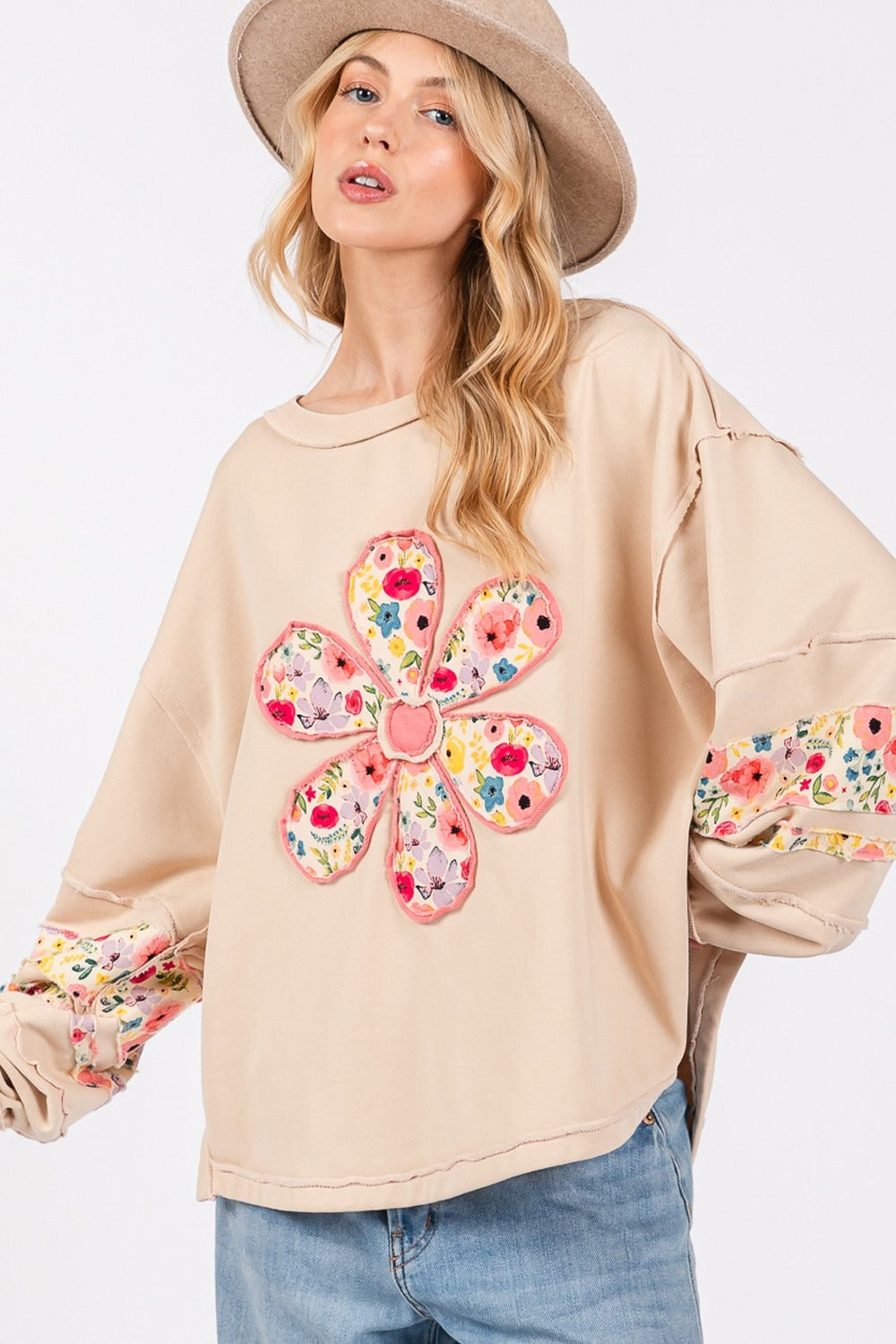 Daisy Patch Applique Long Sleeve Sweatshirt with floral design, warm and comfortable.