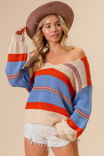 Vibrant multi-color stripe scoop neck sweater with long sleeves.