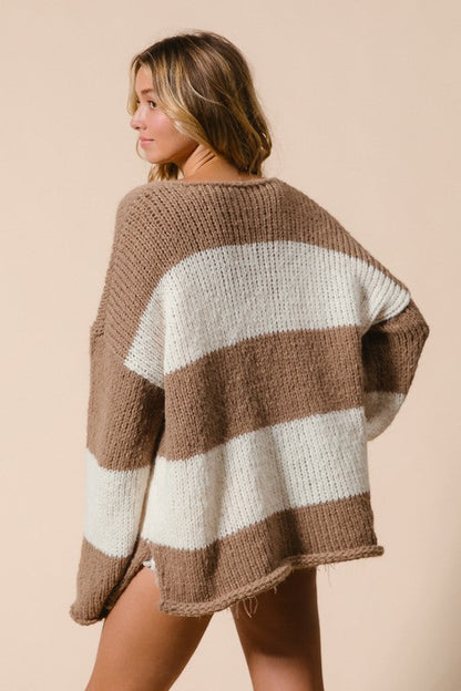 Neutral Colored Slit Striped V-Neck Dropped Shoulder Sweater