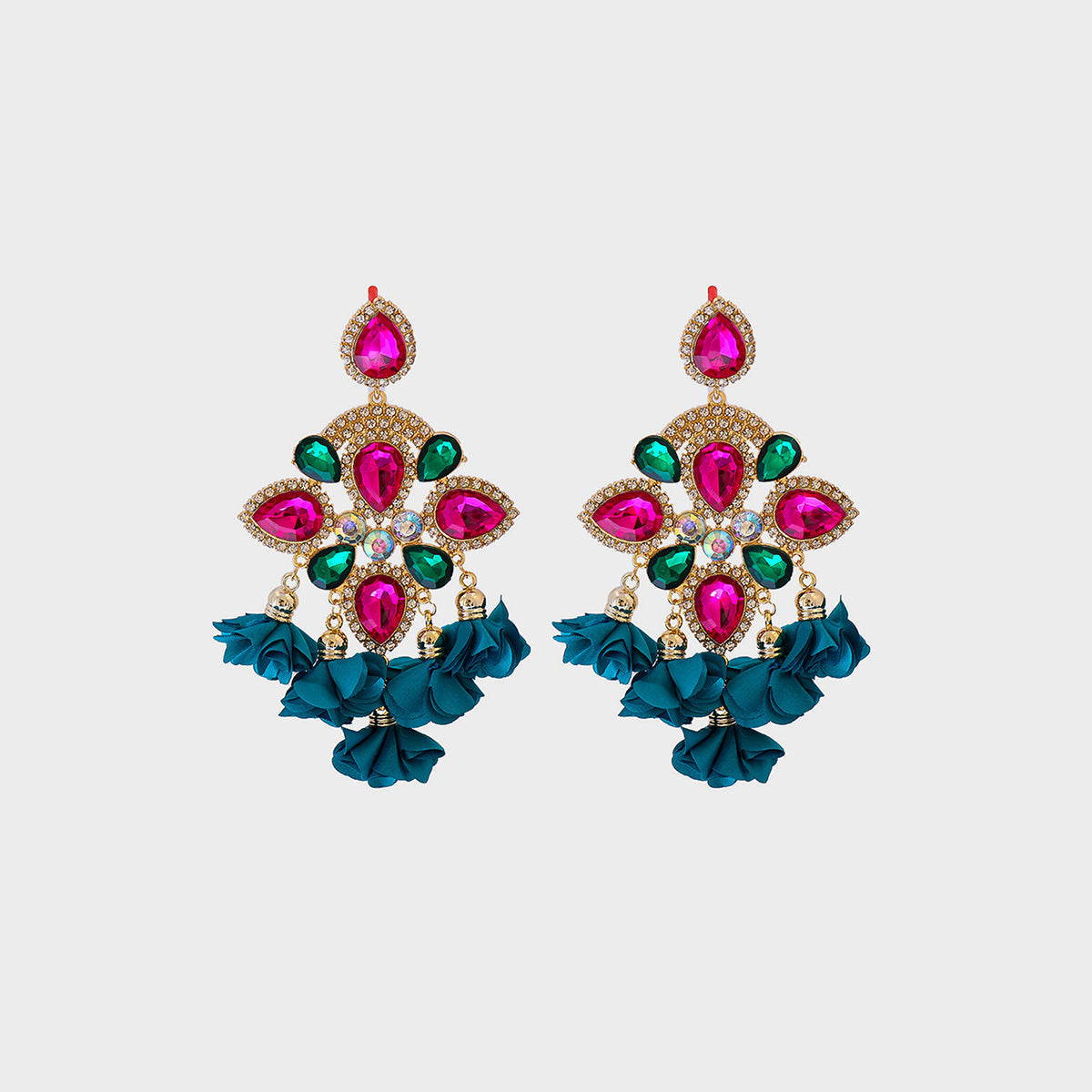 Flower shape rhinestone alloy dangle earrings with vibrant gems and tassels.