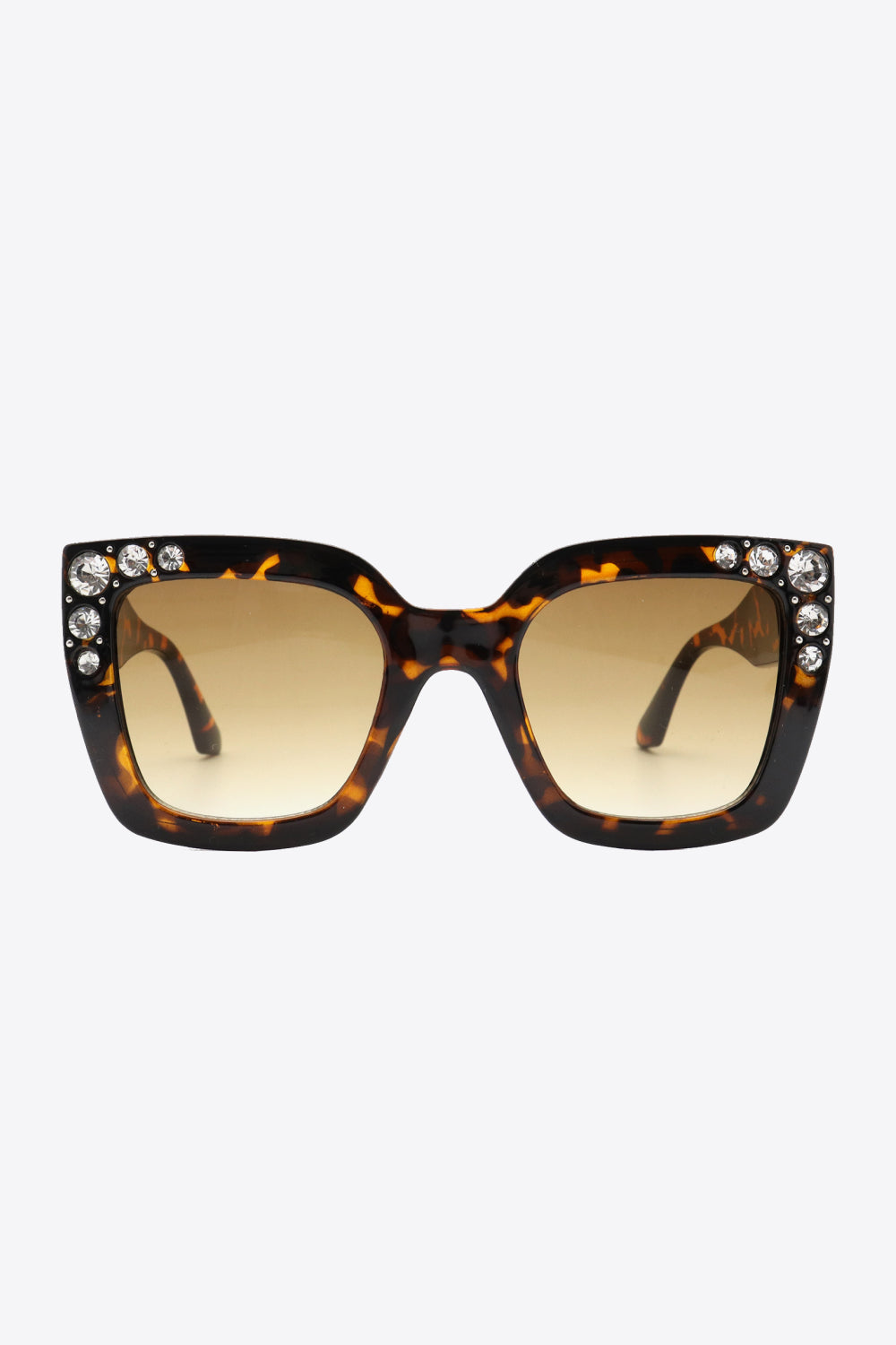 Oversized rhinestone sunglasses, wayfarer shape, UV400 protection, polycarbonate frame, tortoise pattern.