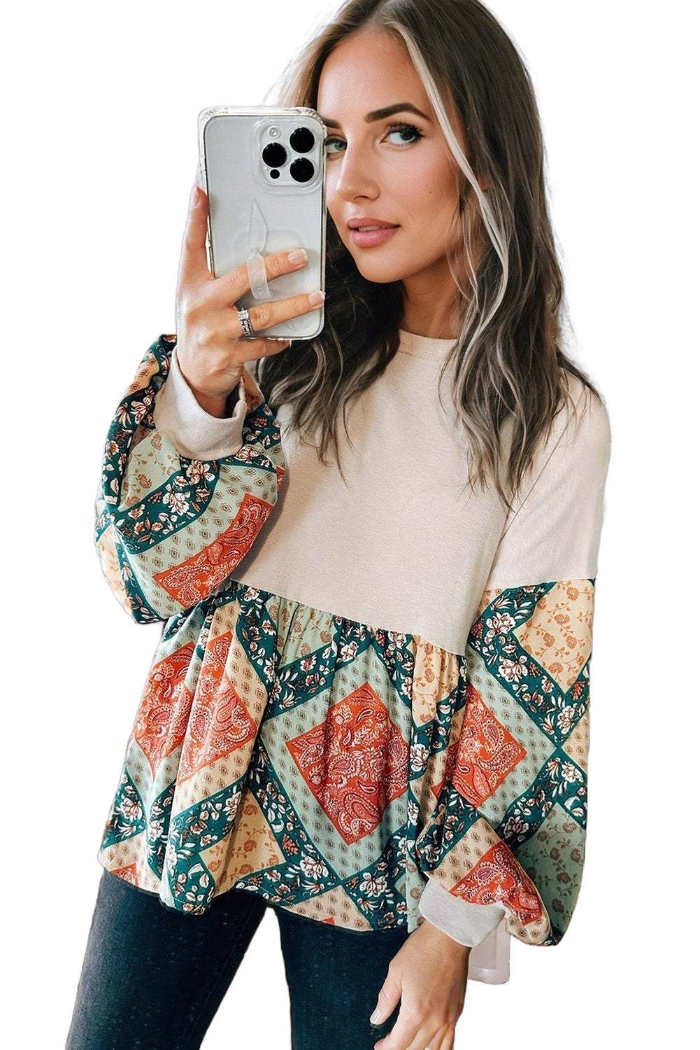 Paisley Geometric Patchwork Loose Fit Blouse