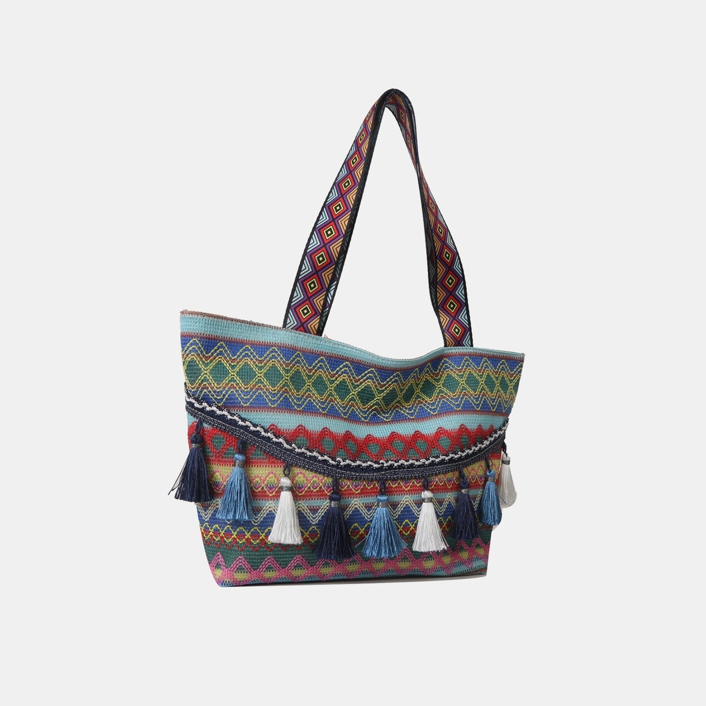 Boho-inspired printed tassel detail tote bag for women in medium size.