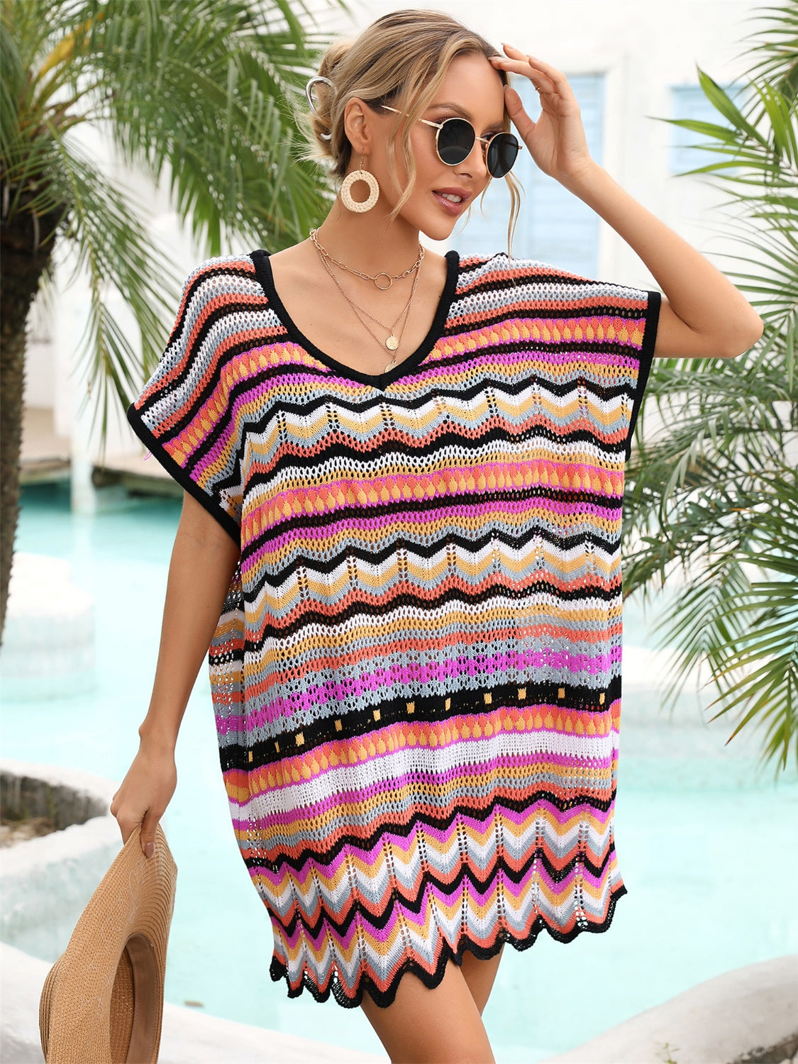 Rainbow Stripe Scalloped V-Neck Cover-Up Dress for Women, Beachwear with vibrant stripes and scalloped neckline.