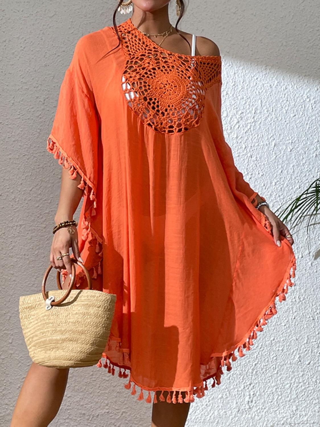 Tassel cutout scoop neck cover-up dress, semi-sheer, no stretch, acrylic and polyester blend.