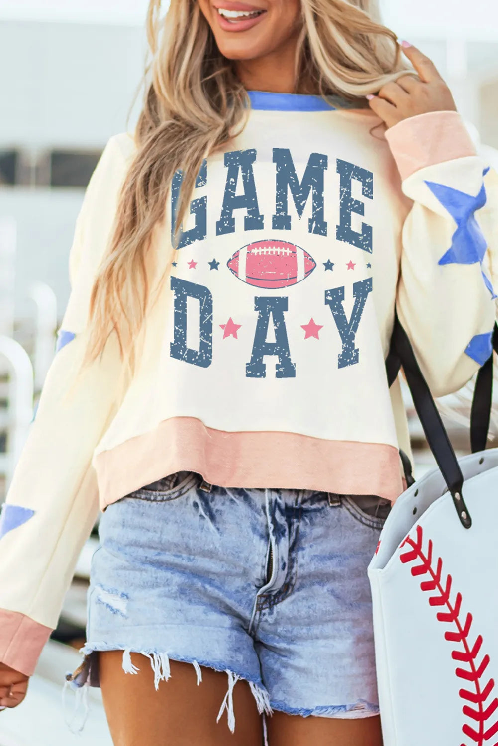 GAME DAY Star Patch Round Neck Long Sleeve Sweatshirt with football graphic design