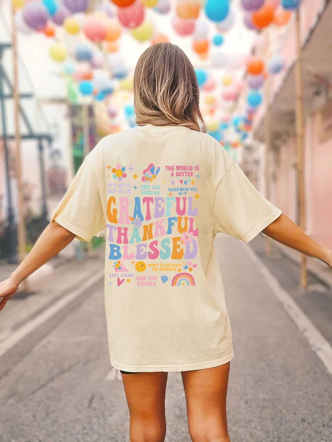 Grateful Thankful Blessed Graphic T-Shirt with colorful design, polyester material.