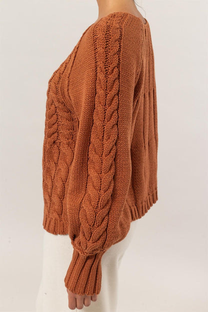 Cable Knit Round Neck Raglan Sleeve Sweater in brown with textured design and casual fit.