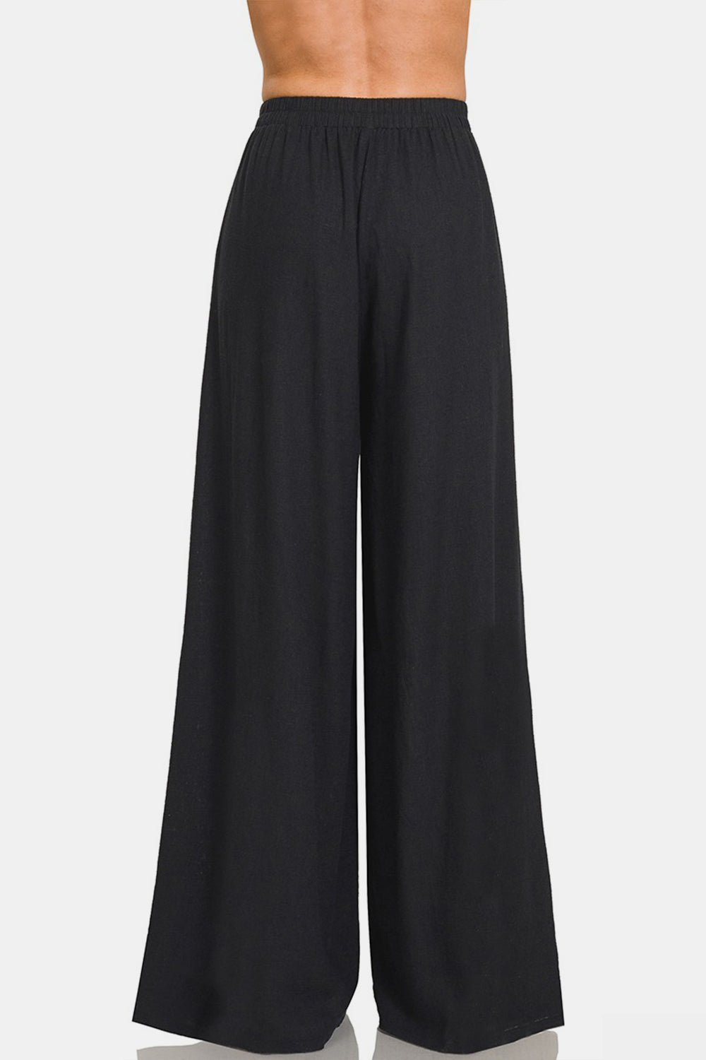 Boho Pleated Linen Blend Wide Leg Pants in black, back view.