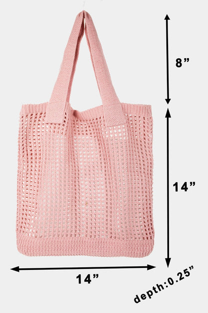 Pointelle knit crochet tote bag, medium size, polyester material, pink color