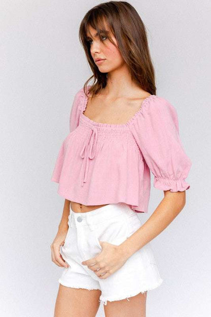 Puff Sleeve Smocked Detail Flared Crop Top