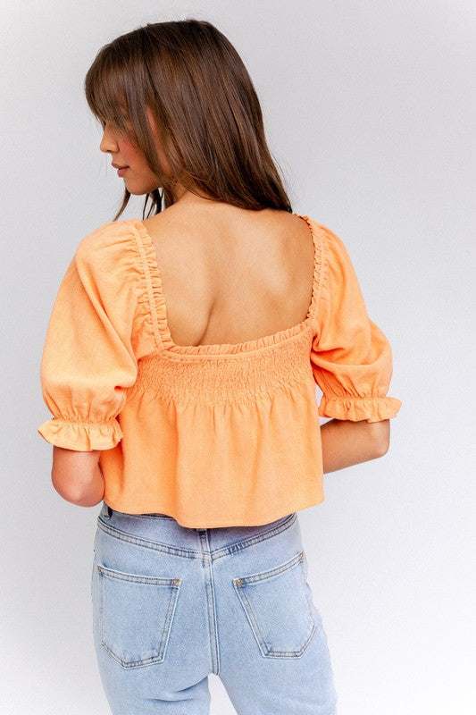 Puff Sleeve Smocked Detail Flared Crop Top