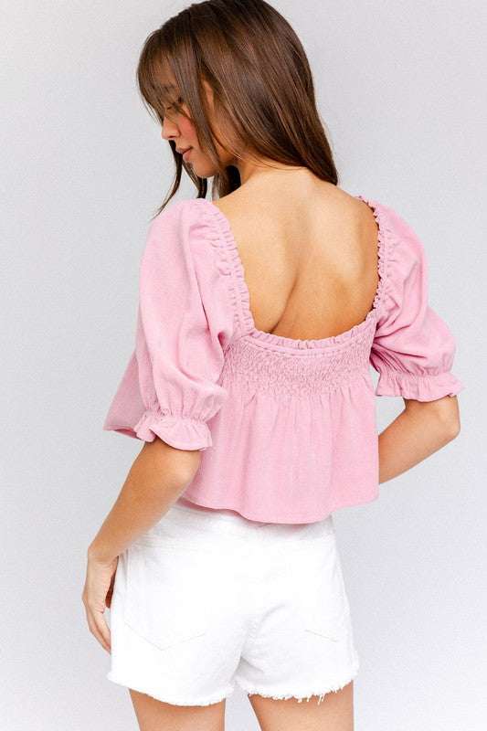 Puff Sleeve Smocked Detail Flared Crop Top