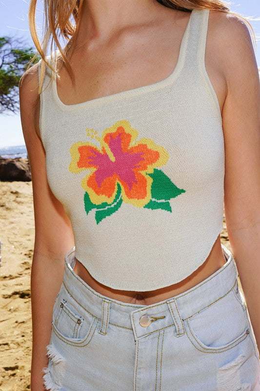 Hibiscus crop tank top with hand-drawn knit intarsia design.