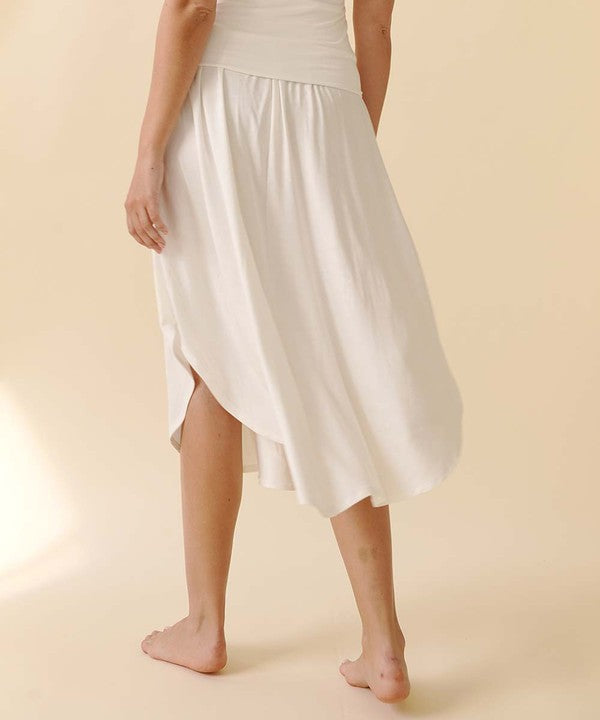 White bamboo maxi skirt with smocked elastic waist, made in USA.