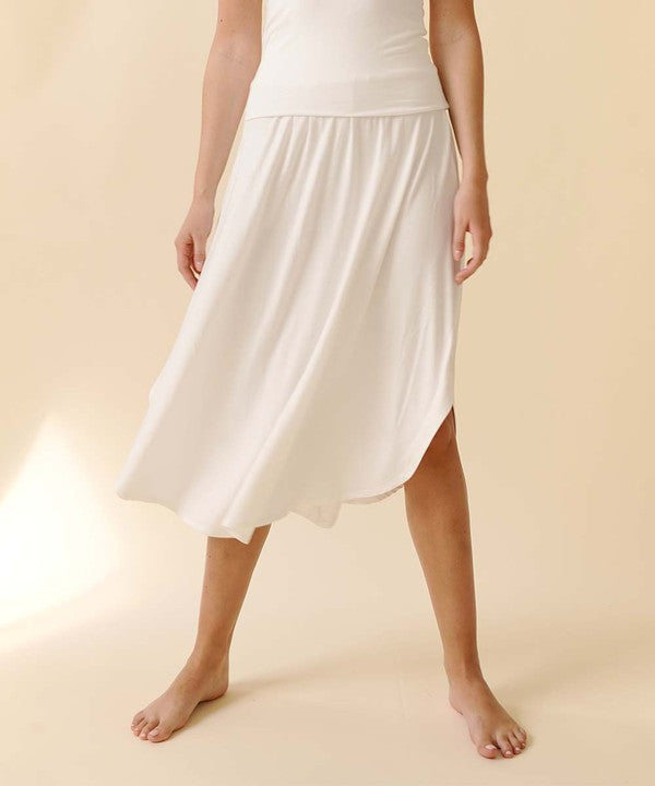 White bamboo maxi skirt with smocked elastic waist, made in the USA.