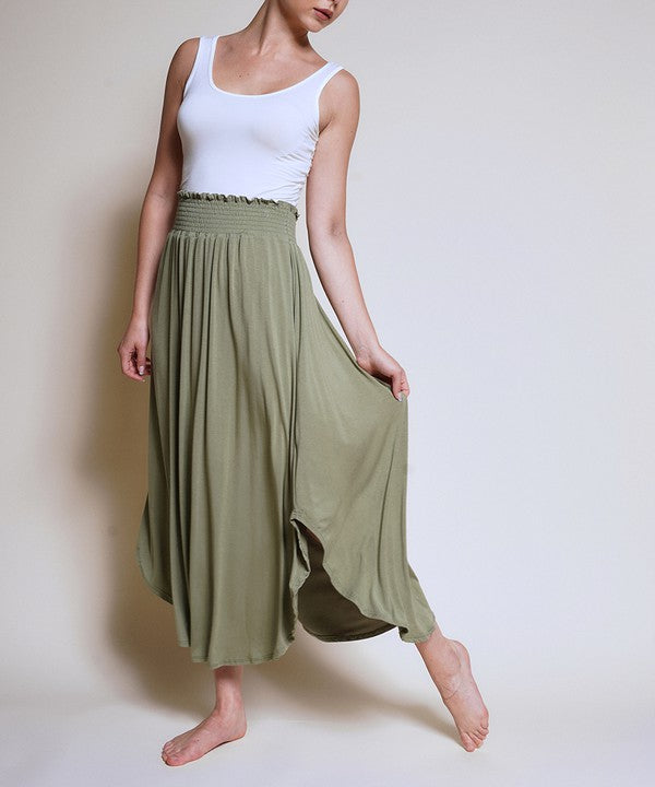 Bamboo Maxi Skirt with smocked elastic waist in green.