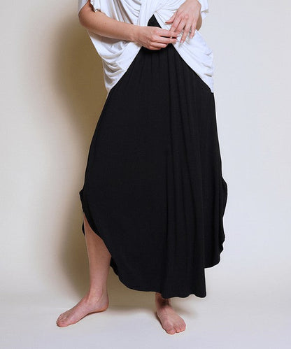 Bamboo Maxi Skirt with smocked elastic waist, comfortable and flexible fit, black color.