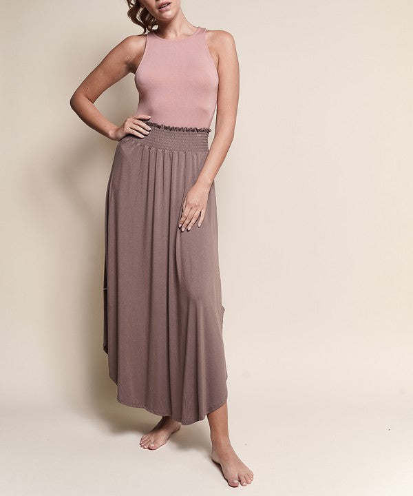 Bamboo maxi skirt with smocked elastic waist, made from organic bamboo and spandex, USA.