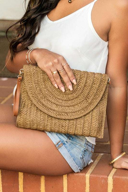 Straw Foldover Convertible Clutch