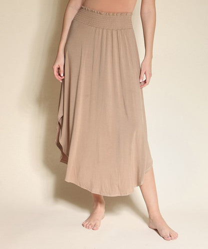 Bamboo maxi skirt with smocked elastic waist, machine washable, made in USA.