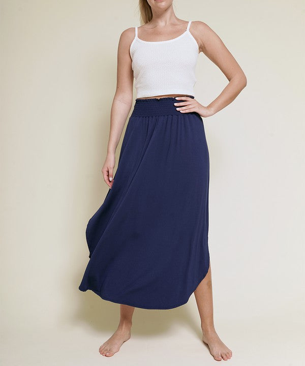 Bamboo maxi skirt with smocked elastic waist in navy.