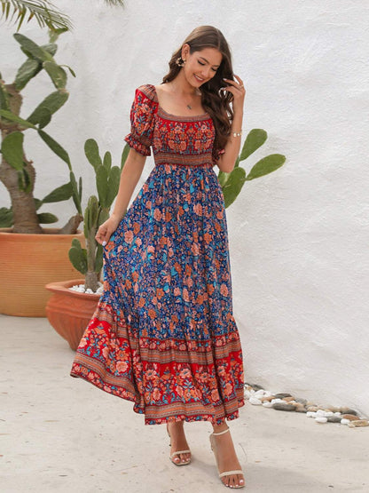 Floral off shoulder midi dress with flounce sleeves, 100% rayon, vibrant pattern.