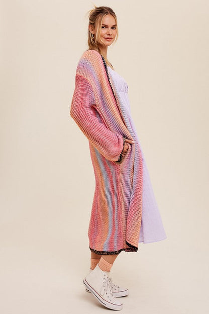 Multi Color Gradient Long Knit Open Cardigan