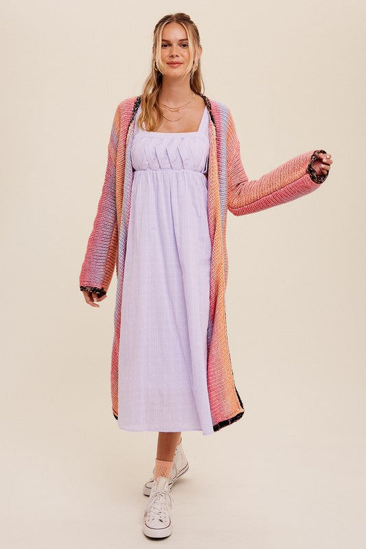 Multi Color Gradient Long Knit Open Cardigan