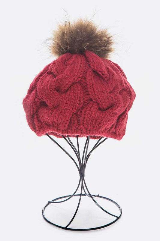 Large Fur Pom Cable Knit Beret Beanie with Detachable Faux Fur Pom