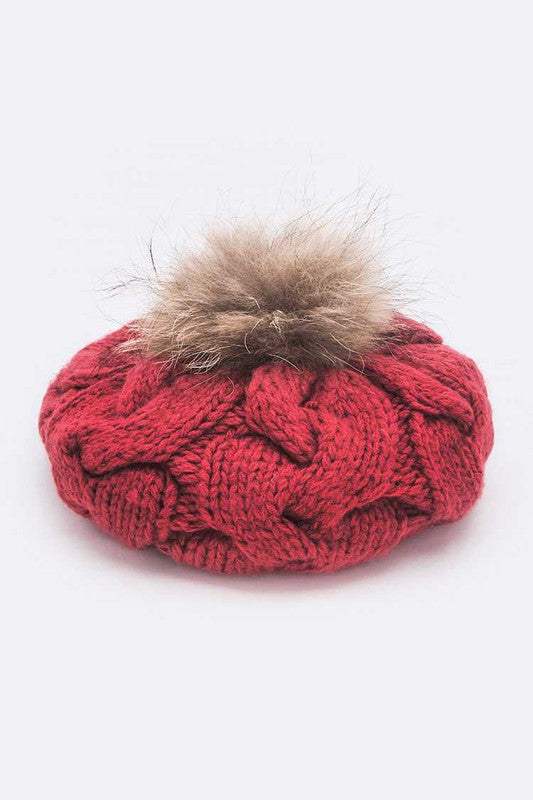 Red cable knit beret beanie with large detachable faux fur pom.