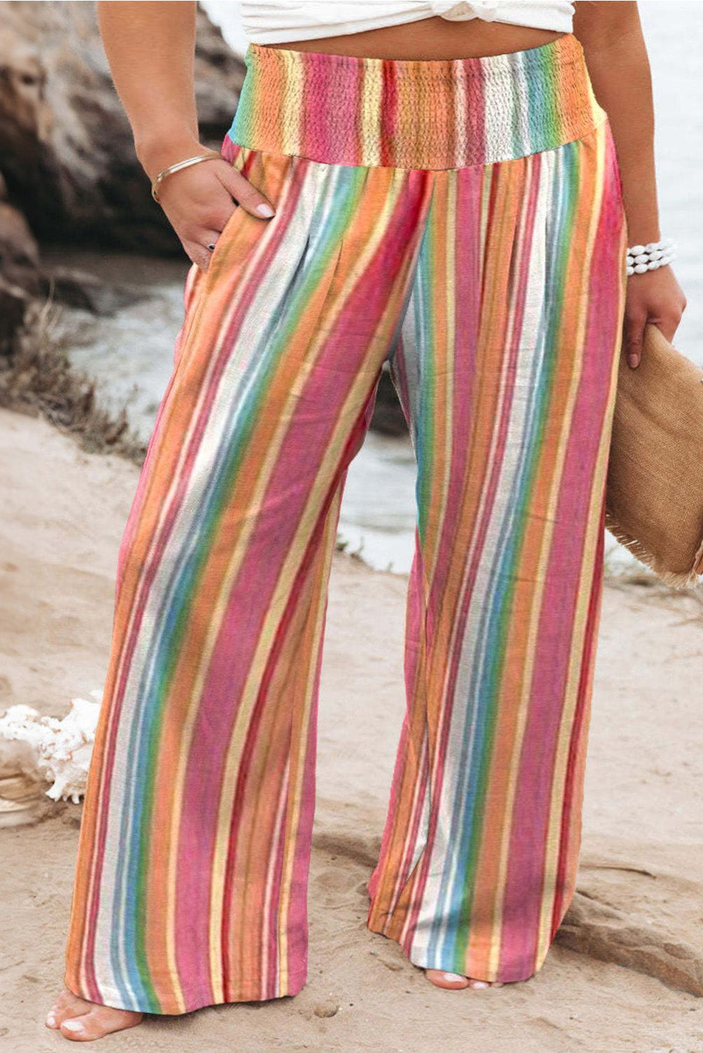 Plus size striped wide leg boho pants in multicolor, 100% polyester.