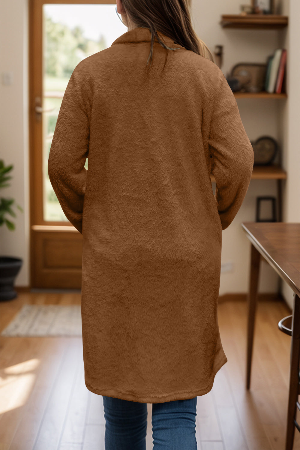 One button long sleeve longline plush coat in brown, 100% polyester.